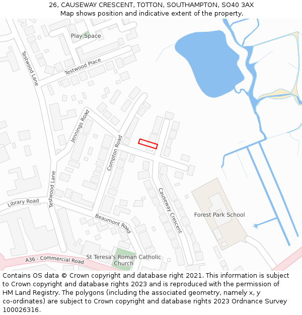 26, CAUSEWAY CRESCENT, TOTTON, SOUTHAMPTON, SO40 3AX: Location map and indicative extent of plot