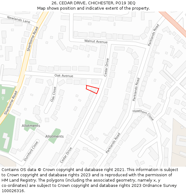 26, CEDAR DRIVE, CHICHESTER, PO19 3EQ: Location map and indicative extent of plot