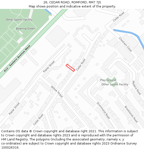 26, CEDAR ROAD, ROMFORD, RM7 7JS: Location map and indicative extent of plot