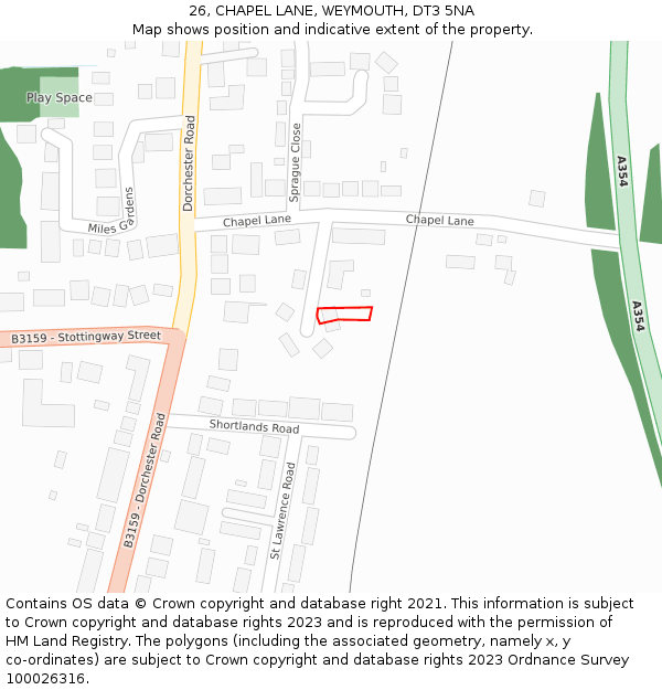 26, CHAPEL LANE, WEYMOUTH, DT3 5NA: Location map and indicative extent of plot