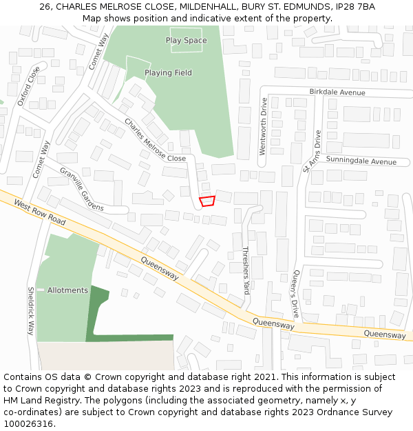 26, CHARLES MELROSE CLOSE, MILDENHALL, BURY ST. EDMUNDS, IP28 7BA: Location map and indicative extent of plot