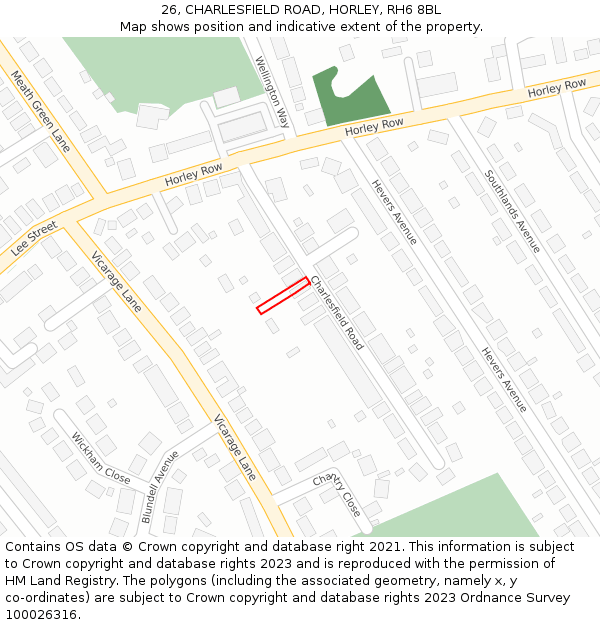 26, CHARLESFIELD ROAD, HORLEY, RH6 8BL: Location map and indicative extent of plot