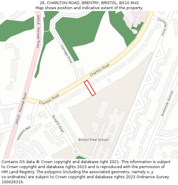 26, CHARLTON ROAD, BRENTRY, BRISTOL, BS10 6NG: Location map and indicative extent of plot