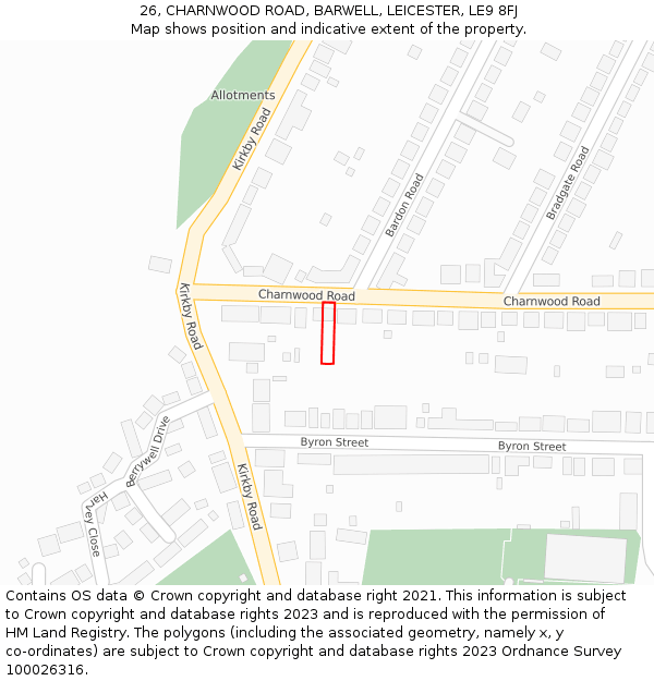 26, CHARNWOOD ROAD, BARWELL, LEICESTER, LE9 8FJ: Location map and indicative extent of plot