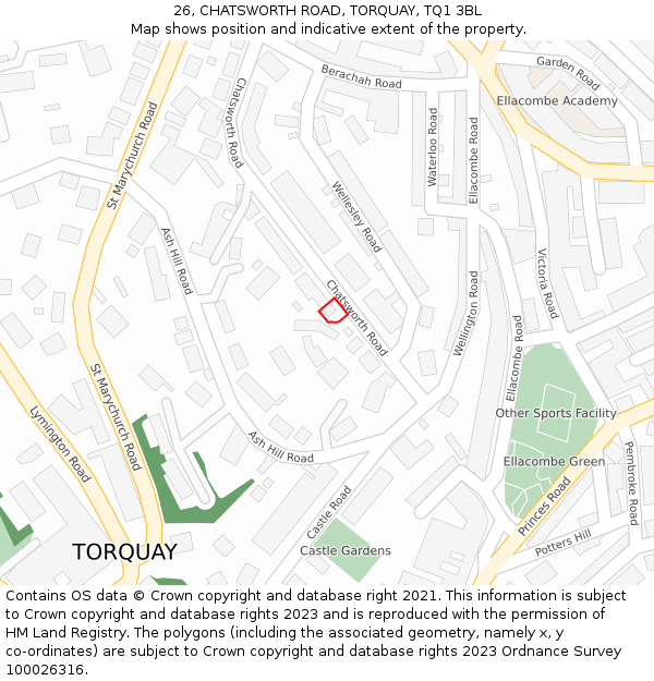 26, CHATSWORTH ROAD, TORQUAY, TQ1 3BL: Location map and indicative extent of plot