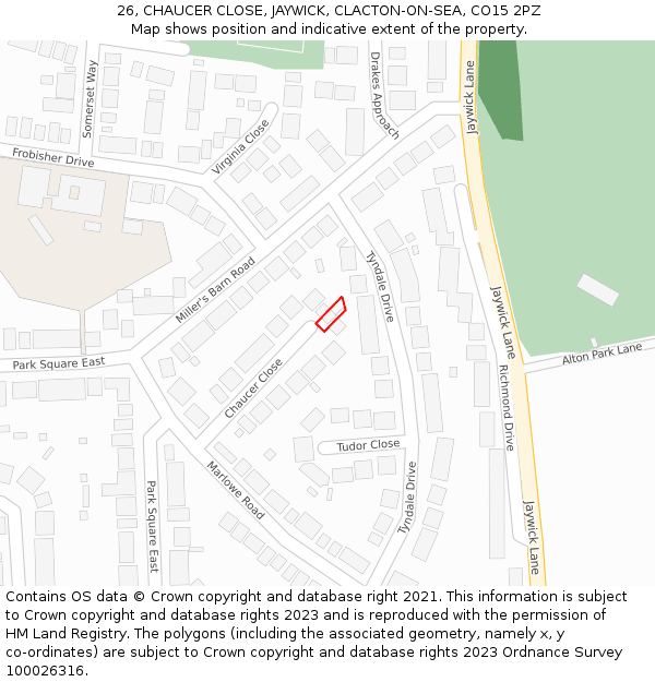 26, CHAUCER CLOSE, JAYWICK, CLACTON-ON-SEA, CO15 2PZ: Location map and indicative extent of plot