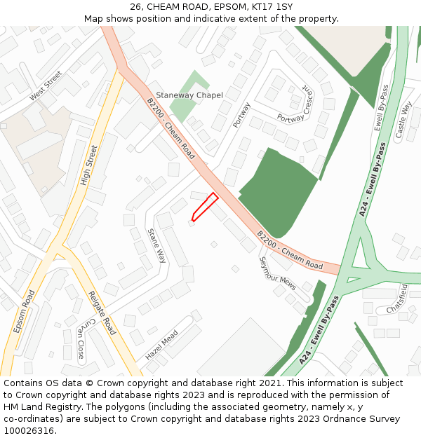 26, CHEAM ROAD, EPSOM, KT17 1SY: Location map and indicative extent of plot