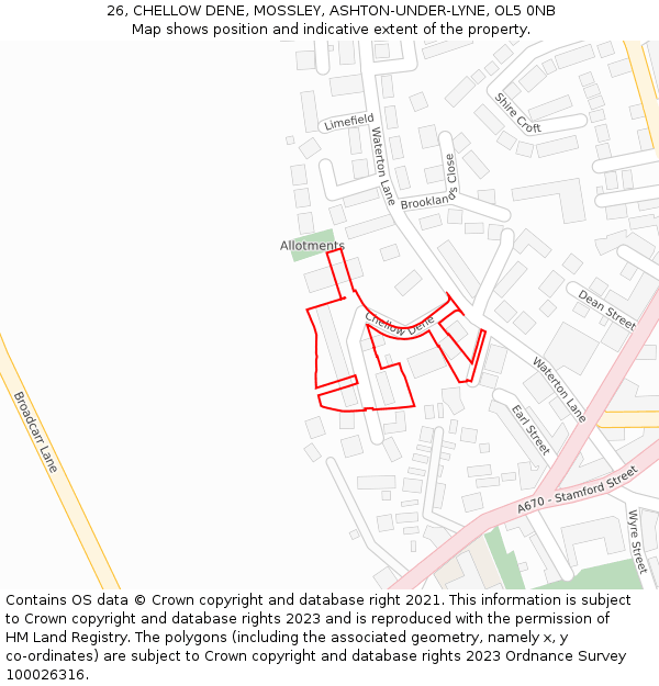 26, CHELLOW DENE, MOSSLEY, ASHTON-UNDER-LYNE, OL5 0NB: Location map and indicative extent of plot