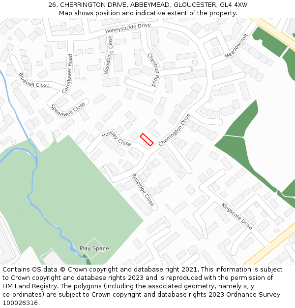 26, CHERRINGTON DRIVE, ABBEYMEAD, GLOUCESTER, GL4 4XW: Location map and indicative extent of plot