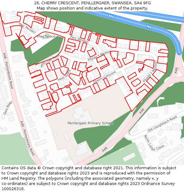 26, CHERRY CRESCENT, PENLLERGAER, SWANSEA, SA4 9FG: Location map and indicative extent of plot