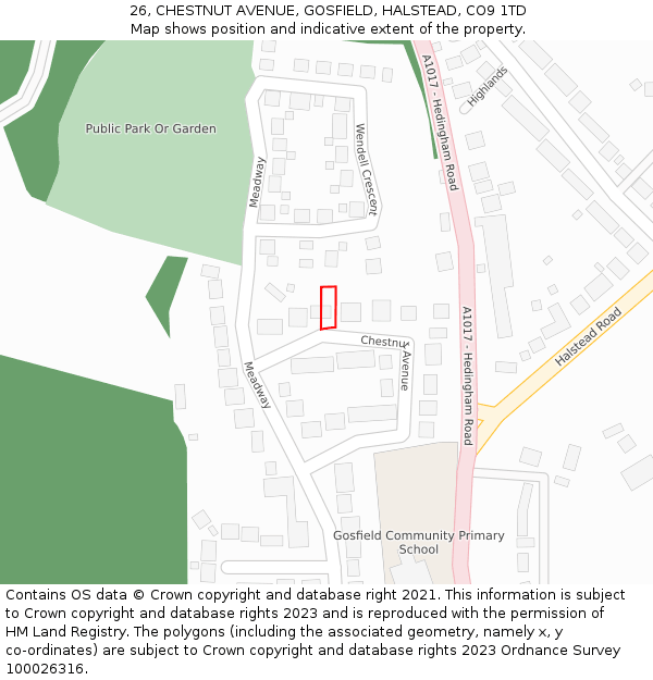 26, CHESTNUT AVENUE, GOSFIELD, HALSTEAD, CO9 1TD: Location map and indicative extent of plot