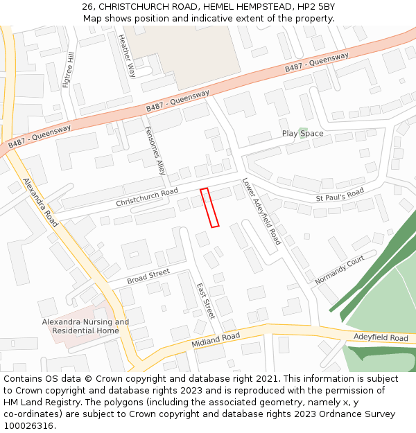 26, CHRISTCHURCH ROAD, HEMEL HEMPSTEAD, HP2 5BY: Location map and indicative extent of plot