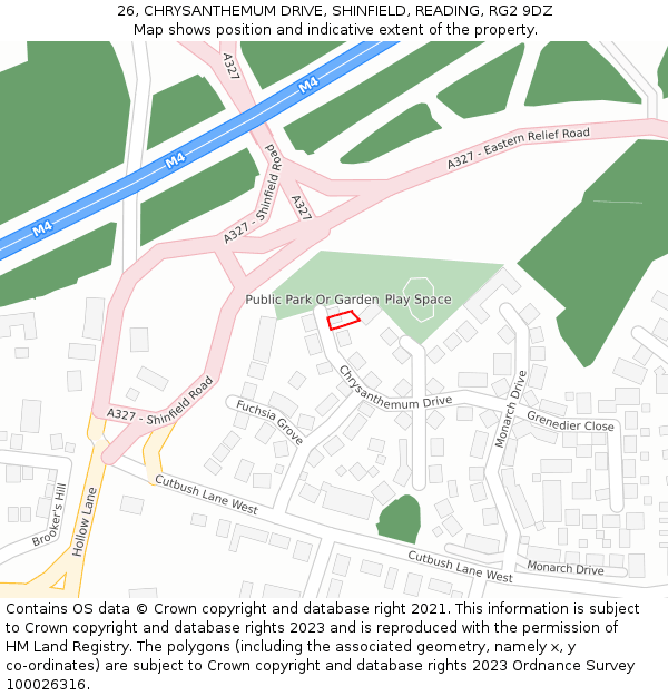 26, CHRYSANTHEMUM DRIVE, SHINFIELD, READING, RG2 9DZ: Location map and indicative extent of plot