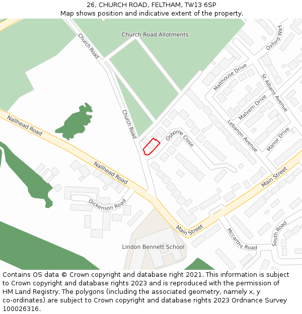 26, CHURCH ROAD, FELTHAM, TW13 6SP: Location map and indicative extent of plot