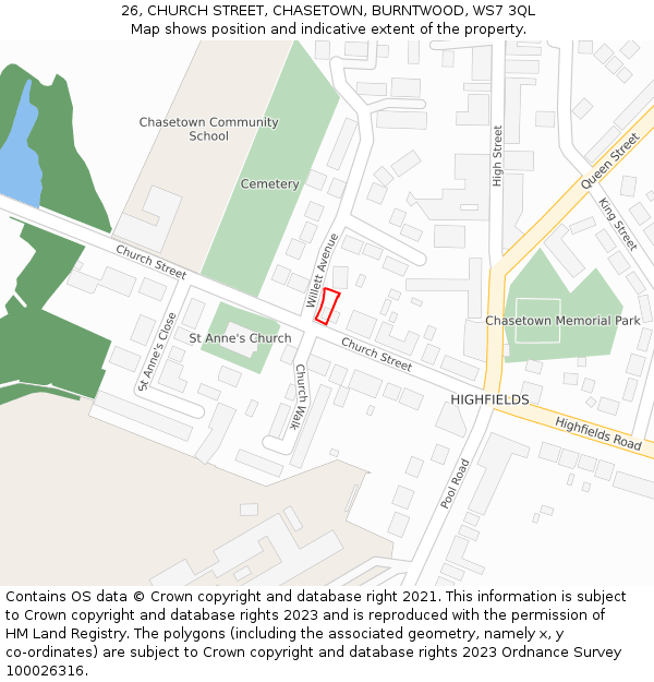 26, CHURCH STREET, CHASETOWN, BURNTWOOD, WS7 3QL: Location map and indicative extent of plot