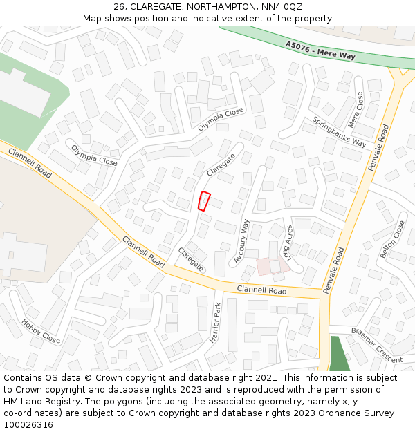 26, CLAREGATE, NORTHAMPTON, NN4 0QZ: Location map and indicative extent of plot