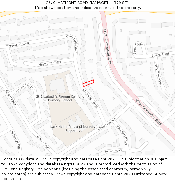 26, CLAREMONT ROAD, TAMWORTH, B79 8EN: Location map and indicative extent of plot