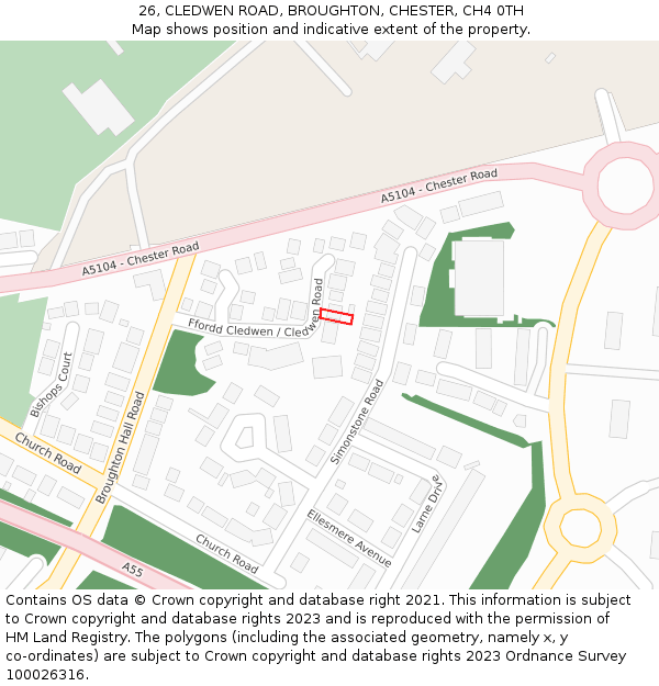 26, CLEDWEN ROAD, BROUGHTON, CHESTER, CH4 0TH: Location map and indicative extent of plot