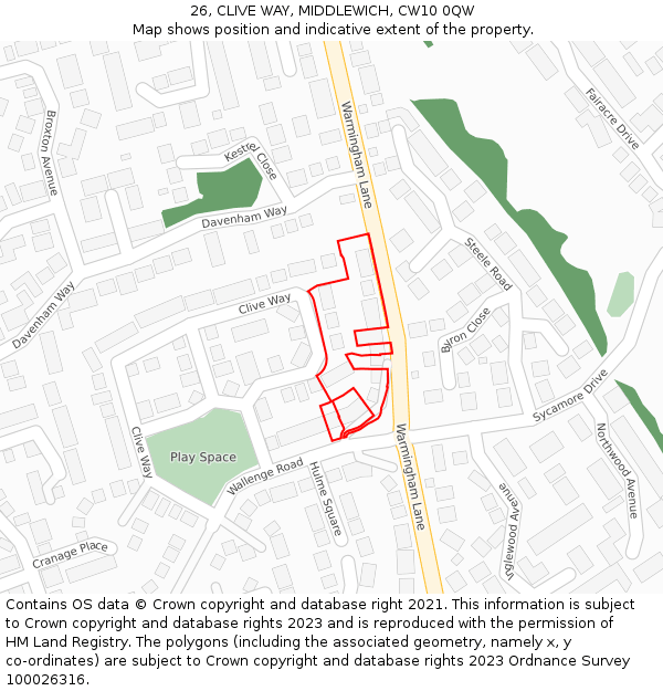 26, CLIVE WAY, MIDDLEWICH, CW10 0QW: Location map and indicative extent of plot