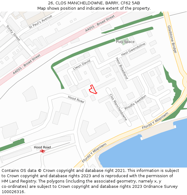 26, CLOS MANCHELDOWNE, BARRY, CF62 5AB: Location map and indicative extent of plot