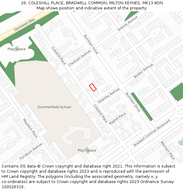 26, COLESHILL PLACE, BRADWELL COMMON, MILTON KEYNES, MK13 8DN: Location map and indicative extent of plot