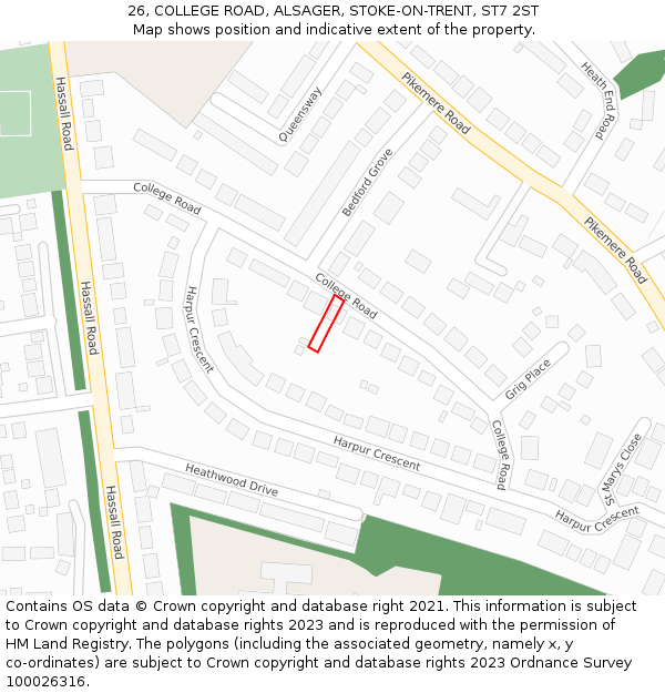 26, COLLEGE ROAD, ALSAGER, STOKE-ON-TRENT, ST7 2ST: Location map and indicative extent of plot