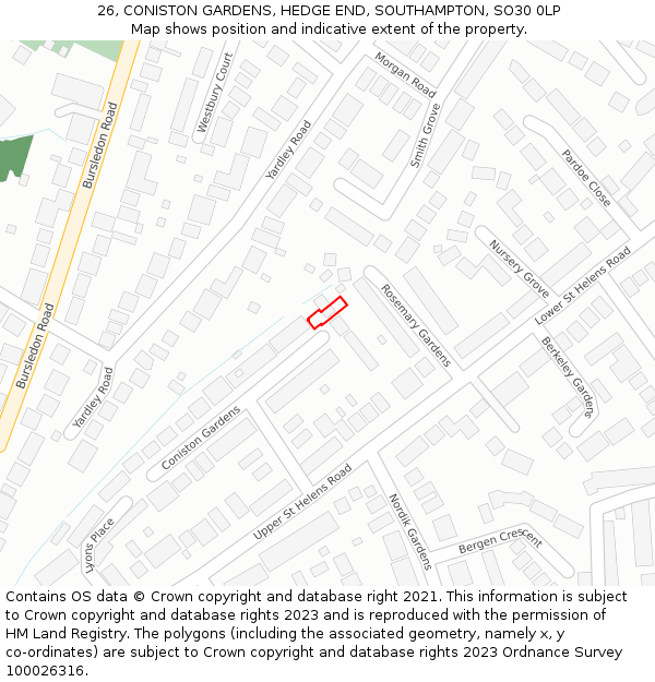 26, CONISTON GARDENS, HEDGE END, SOUTHAMPTON, SO30 0LP: Location map and indicative extent of plot