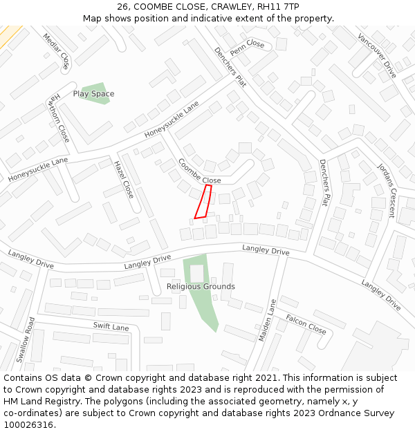 26, COOMBE CLOSE, CRAWLEY, RH11 7TP: Location map and indicative extent of plot