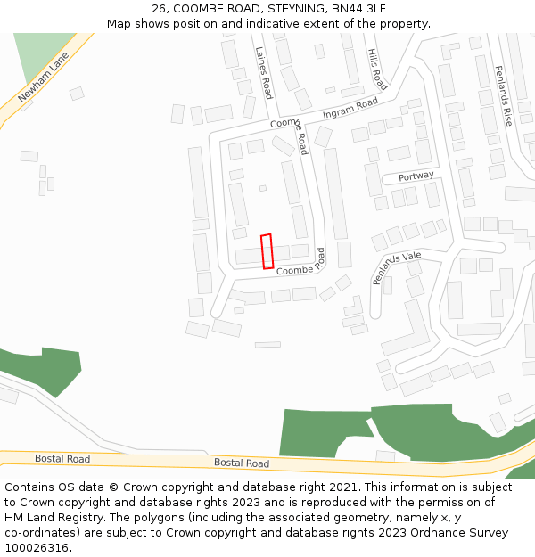 26, COOMBE ROAD, STEYNING, BN44 3LF: Location map and indicative extent of plot