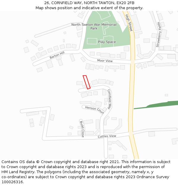 26, CORNFIELD WAY, NORTH TAWTON, EX20 2FB: Location map and indicative extent of plot