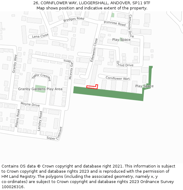 26, CORNFLOWER WAY, LUDGERSHALL, ANDOVER, SP11 9TF: Location map and indicative extent of plot