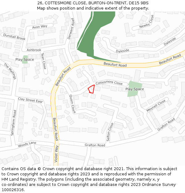26, COTTESMORE CLOSE, BURTON-ON-TRENT, DE15 9BS: Location map and indicative extent of plot