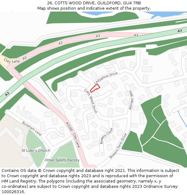 26, COTTS WOOD DRIVE, GUILDFORD, GU4 7RB: Location map and indicative extent of plot