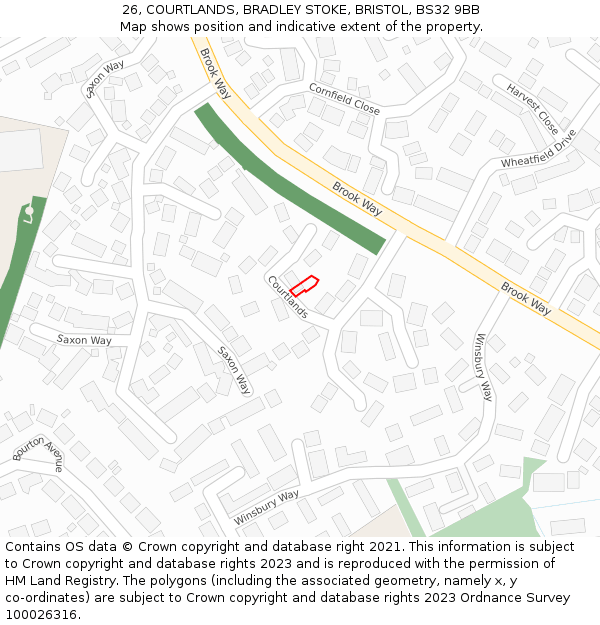 26, COURTLANDS, BRADLEY STOKE, BRISTOL, BS32 9BB: Location map and indicative extent of plot