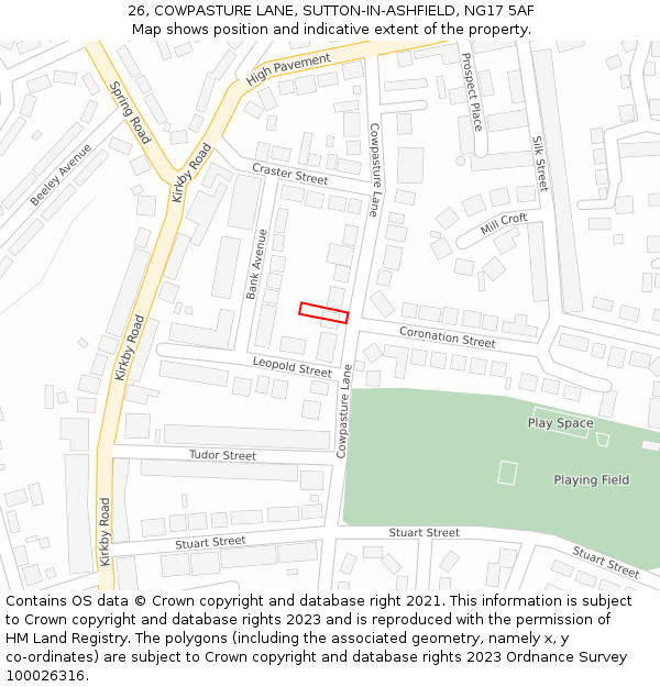 26, COWPASTURE LANE, SUTTON-IN-ASHFIELD, NG17 5AF: Location map and indicative extent of plot