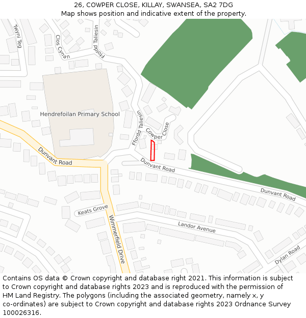 26, COWPER CLOSE, KILLAY, SWANSEA, SA2 7DG: Location map and indicative extent of plot