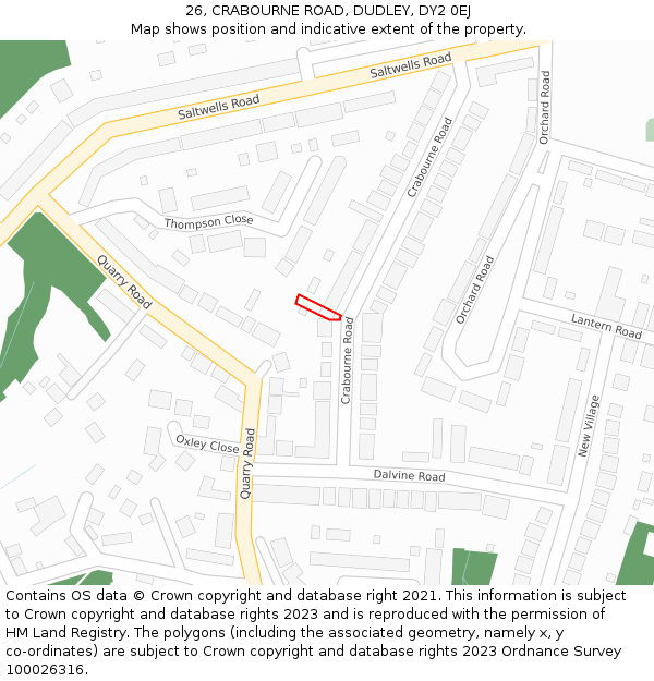 26, CRABOURNE ROAD, DUDLEY, DY2 0EJ: Location map and indicative extent of plot