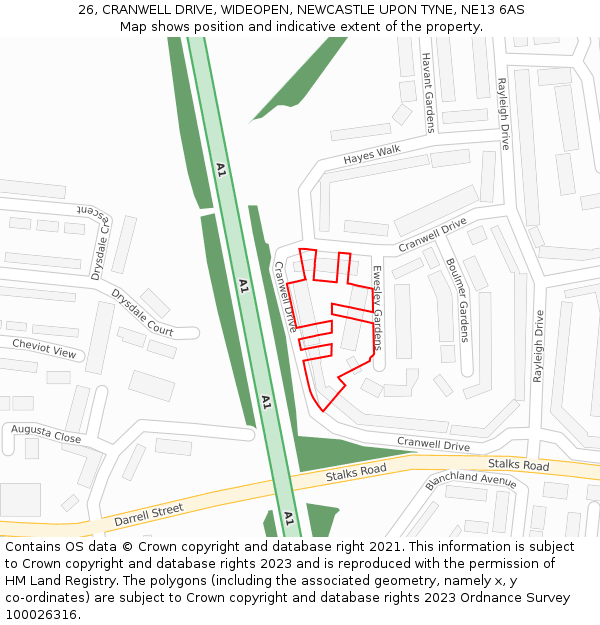 26, CRANWELL DRIVE, WIDEOPEN, NEWCASTLE UPON TYNE, NE13 6AS: Location map and indicative extent of plot