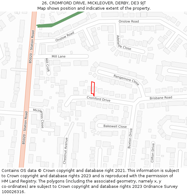 26, CROMFORD DRIVE, MICKLEOVER, DERBY, DE3 9JT: Location map and indicative extent of plot