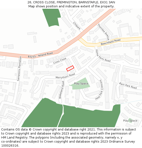 26, CROSS CLOSE, FREMINGTON, BARNSTAPLE, EX31 3AN: Location map and indicative extent of plot