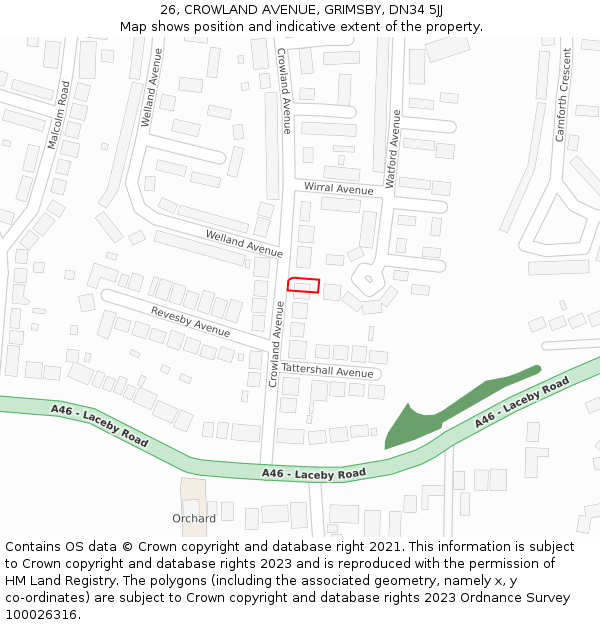 26, CROWLAND AVENUE, GRIMSBY, DN34 5JJ: Location map and indicative extent of plot