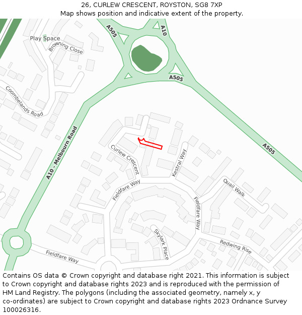 26, CURLEW CRESCENT, ROYSTON, SG8 7XP: Location map and indicative extent of plot