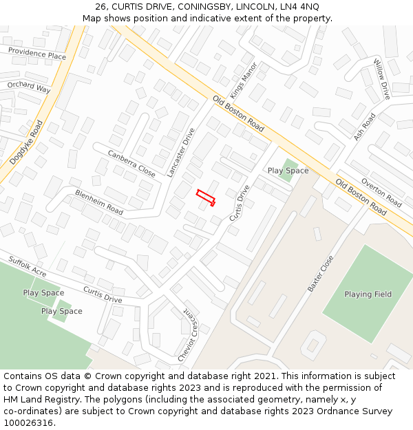 26, CURTIS DRIVE, CONINGSBY, LINCOLN, LN4 4NQ: Location map and indicative extent of plot