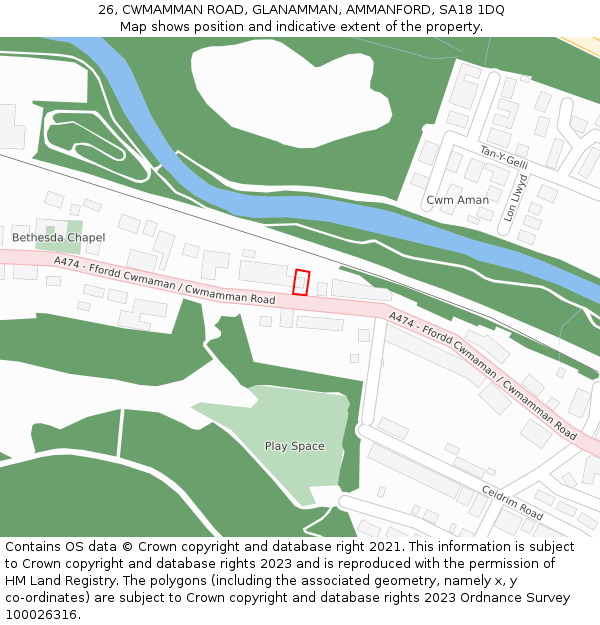 26, CWMAMMAN ROAD, GLANAMMAN, AMMANFORD, SA18 1DQ: Location map and indicative extent of plot