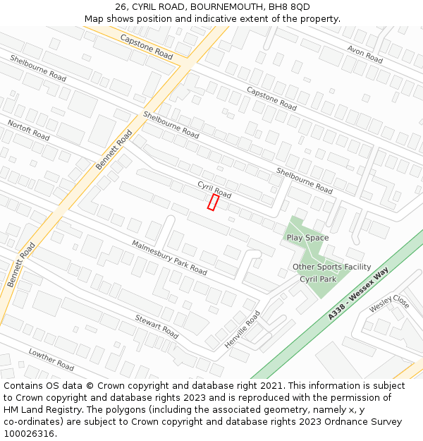 26, CYRIL ROAD, BOURNEMOUTH, BH8 8QD: Location map and indicative extent of plot