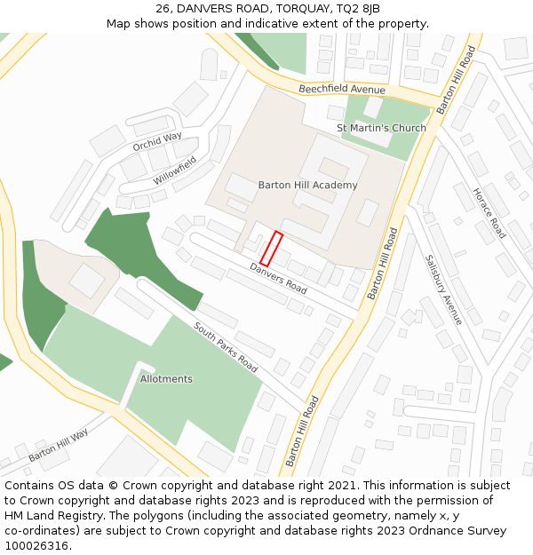 26, DANVERS ROAD, TORQUAY, TQ2 8JB: Location map and indicative extent of plot