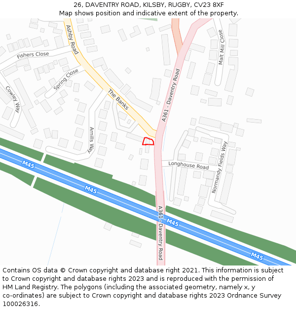 26, DAVENTRY ROAD, KILSBY, RUGBY, CV23 8XF: Location map and indicative extent of plot