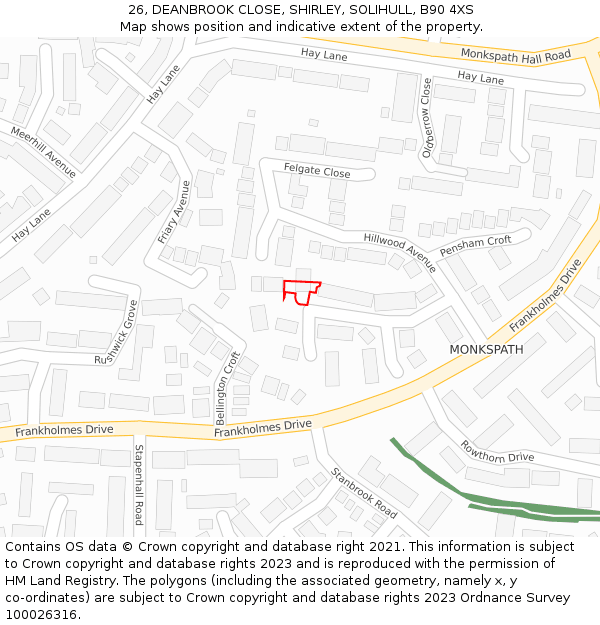 26, DEANBROOK CLOSE, SHIRLEY, SOLIHULL, B90 4XS: Location map and indicative extent of plot