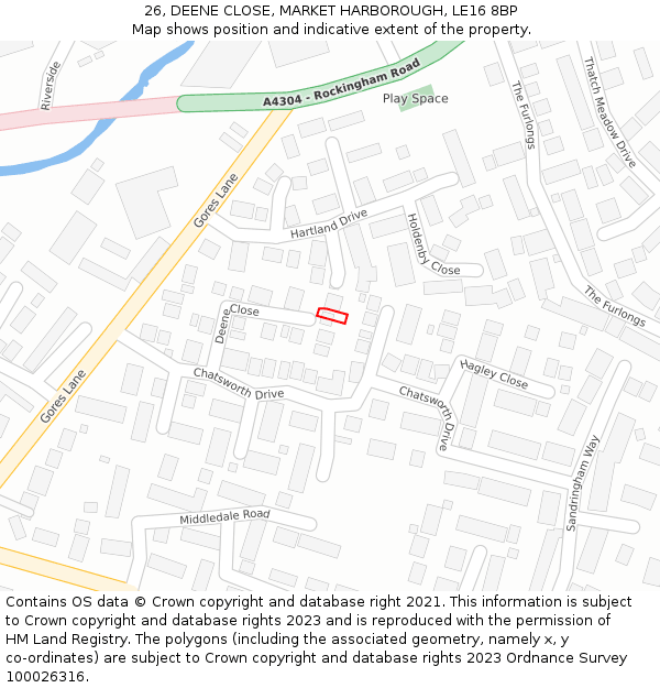 26, DEENE CLOSE, MARKET HARBOROUGH, LE16 8BP: Location map and indicative extent of plot