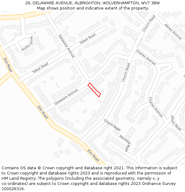 26, DELAWARE AVENUE, ALBRIGHTON, WOLVERHAMPTON, WV7 3BW: Location map and indicative extent of plot